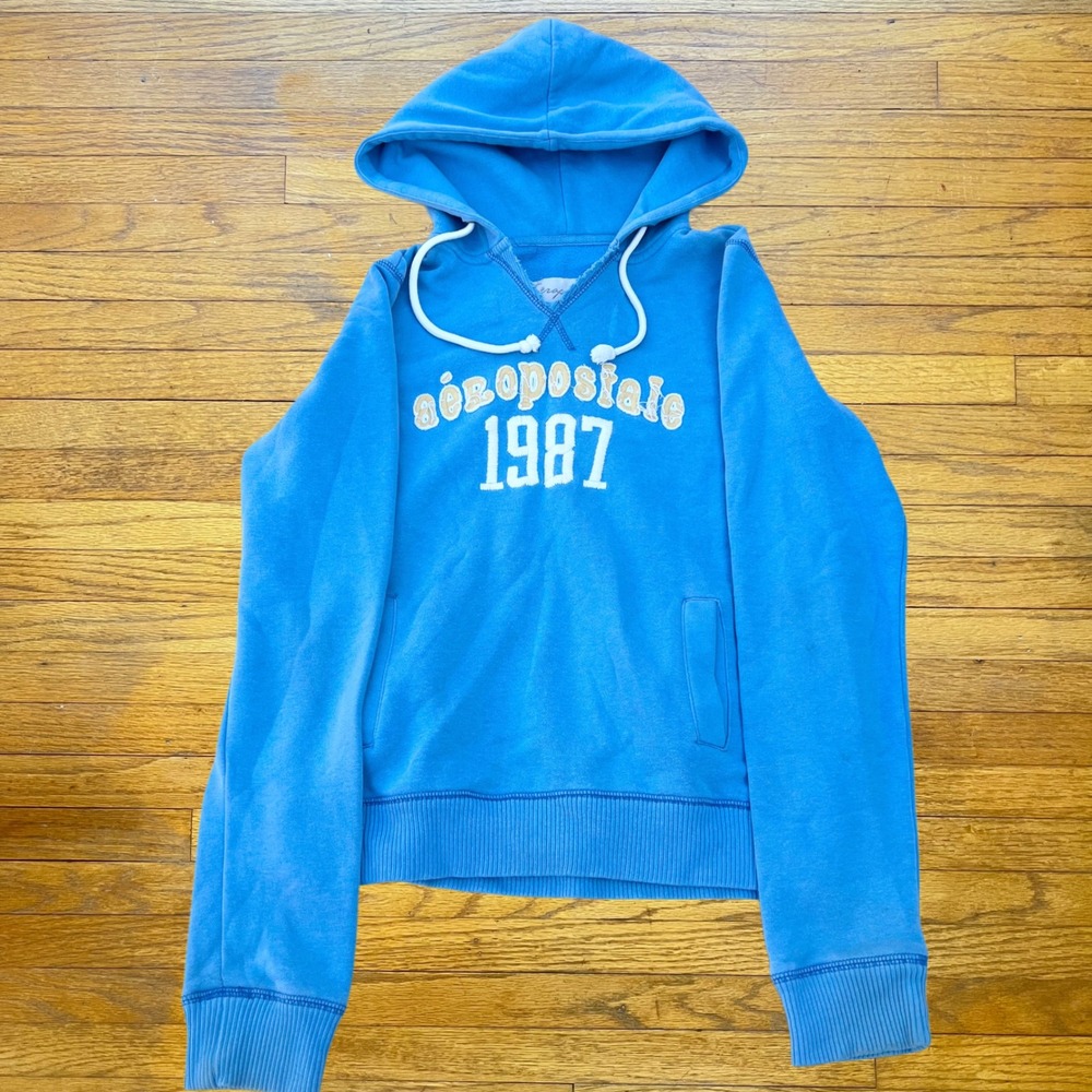Aeropostale 1987 Graphic Hoodie Blue Pullover Y2K Sweatshirt Women Small